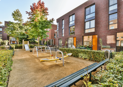 Outdoor garden area at Boxwork Park, Deansgate